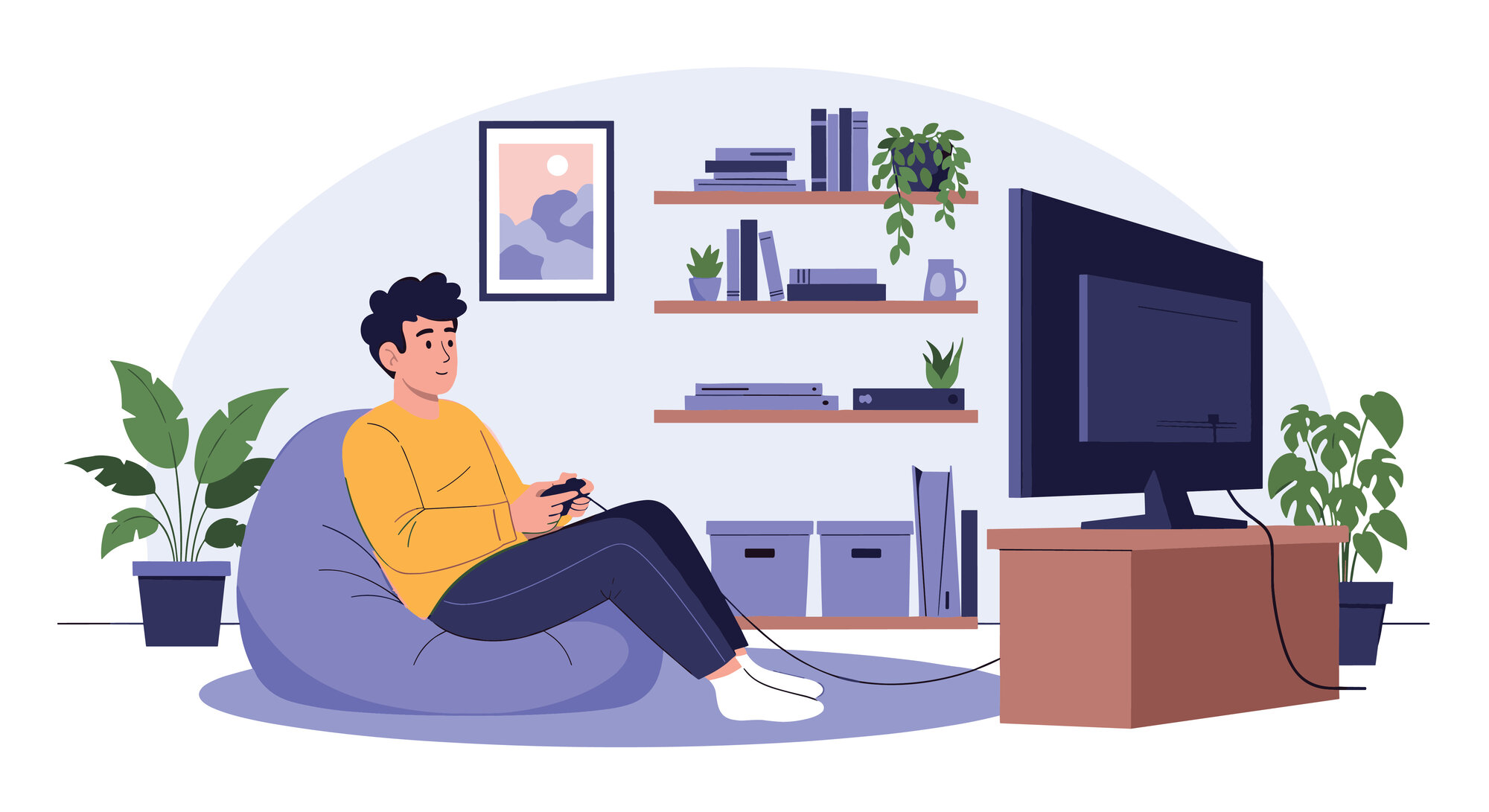 Persona relajada jugando a videojuegos en un puff